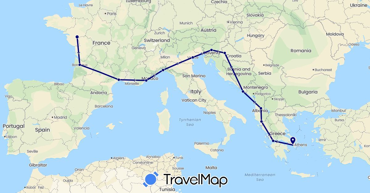 TravelMap itinerary: driving in Albania, France, Greece, Croatia, Italy, Slovenia (Europe)